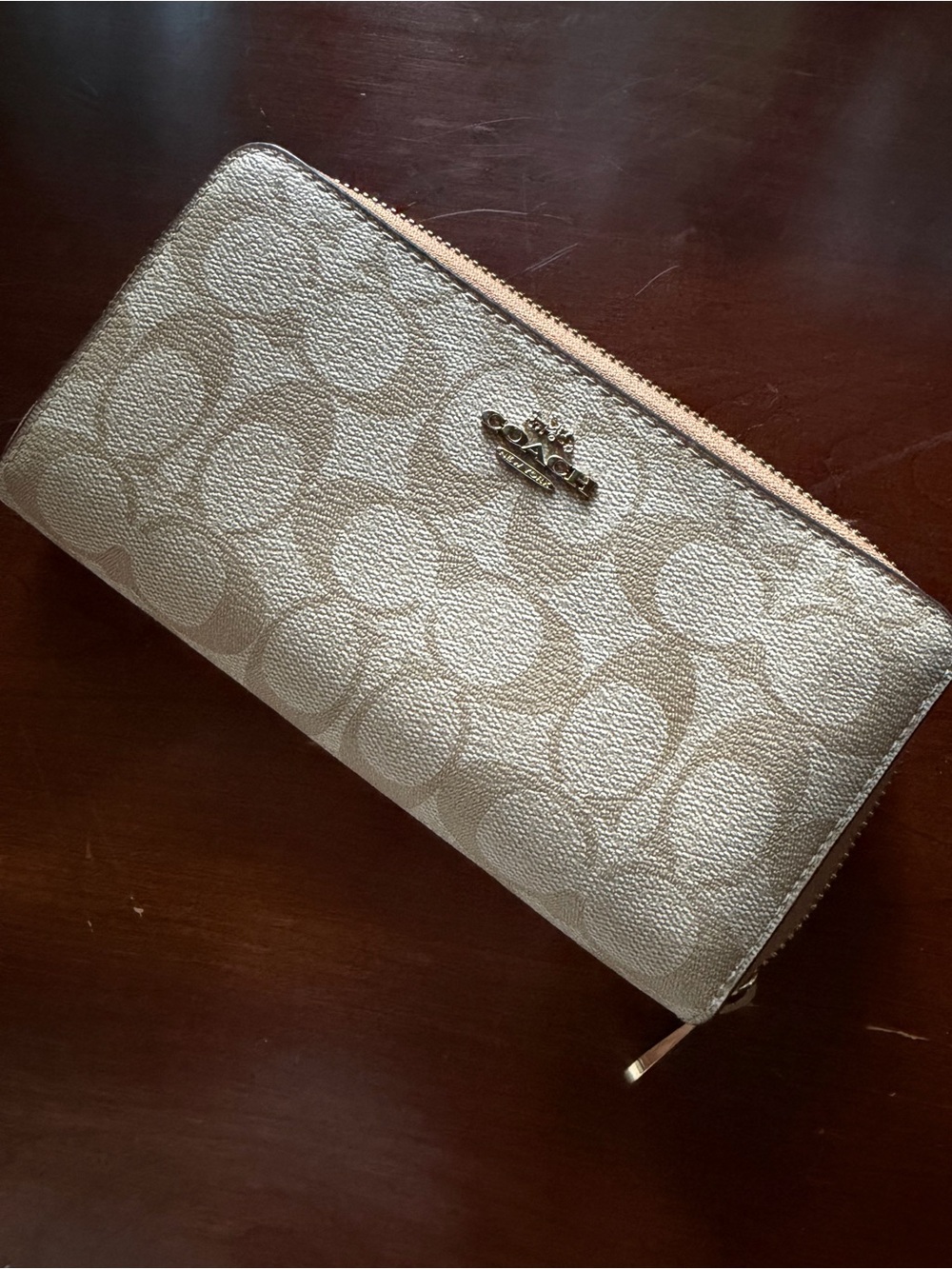 Coach Metallic Cream Logo Zip Wallet with Gold Hardware